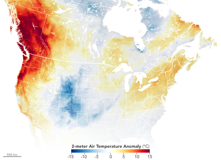 Temperature map on June 27th, 2021 for the contiguous United States and most of Canada