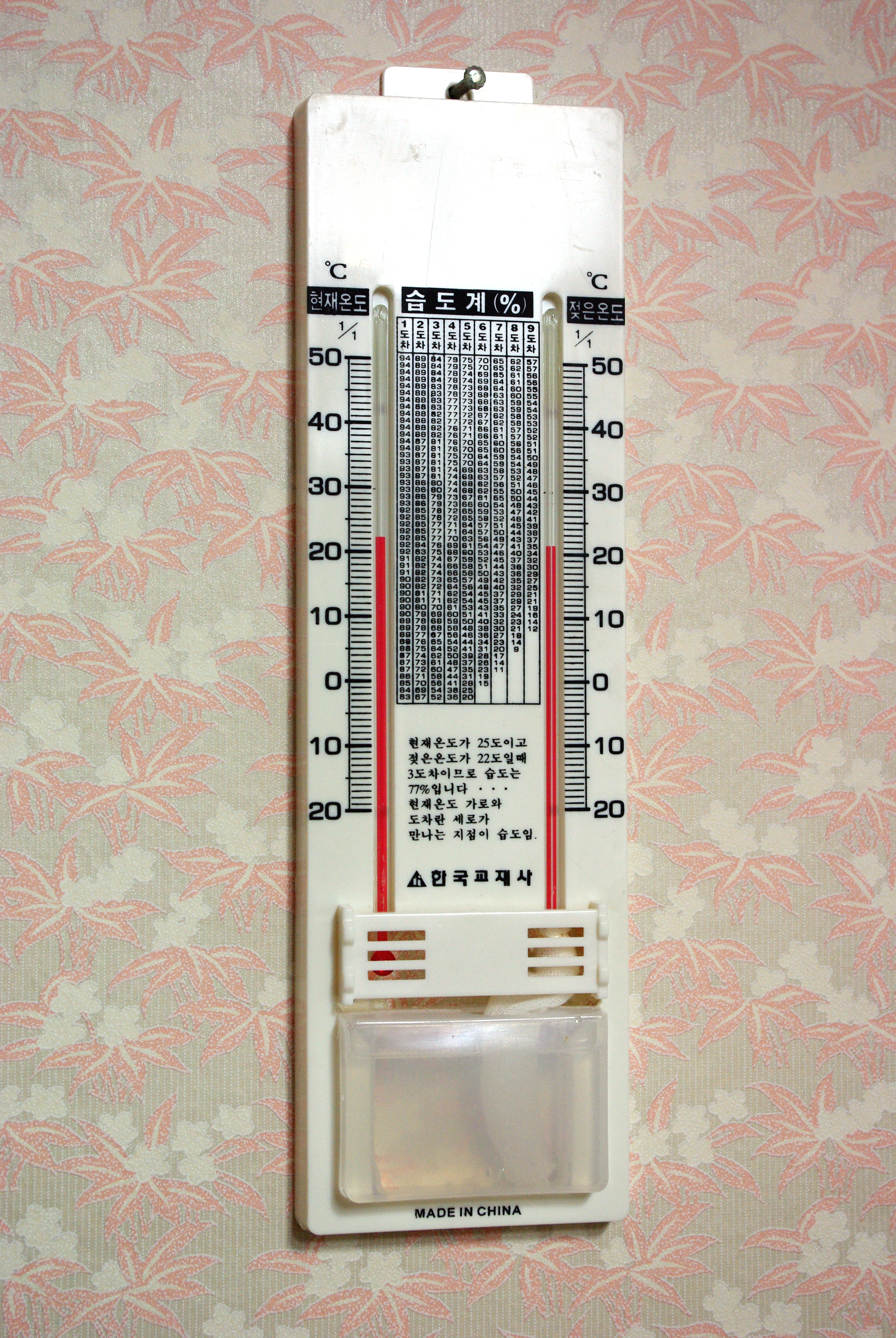 A wet dry hygrometer featuring a wet-bulb thermometer.