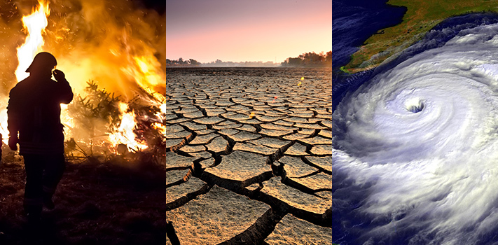 A triptych image showing from left to right: a firefighter in front of a fire; dry, cracked ground; and a hurricane near Florida, U.S.