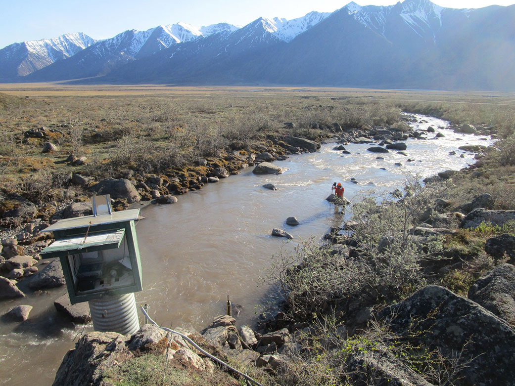 Photo of a stream gauge in a tributary of the Atigun River