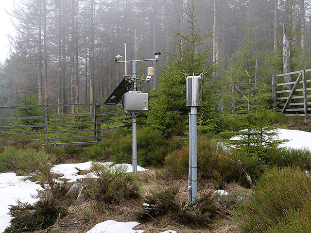 A weather station in a foggy forest with snow on the ground.