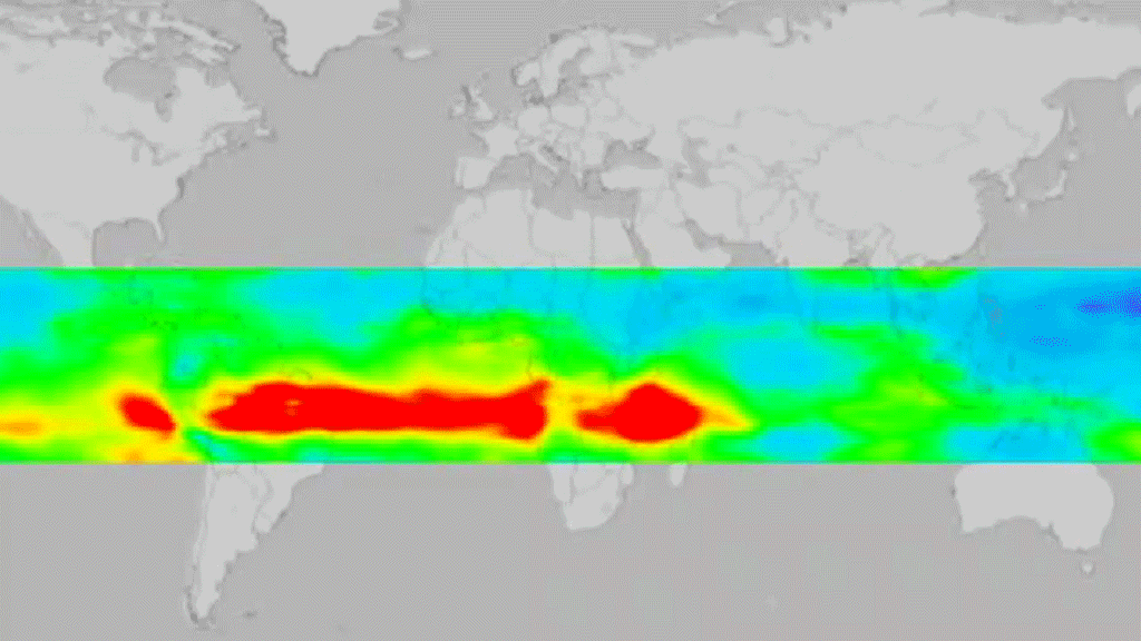 This animation shows ozone in the troposphere from September 2004 to November 2004. Areas of red represent high levels and areas of blue represent low areas. Credit: NASA Goddard's Scientific Visualization Studio.