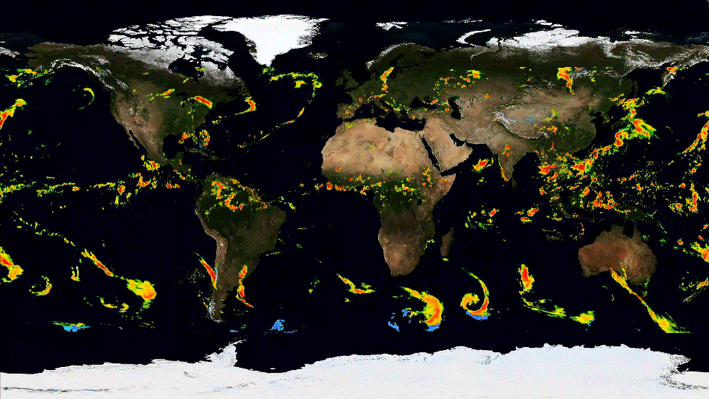 The Global Precipitation Measurement mission produces global maps of rainfall and snowfall in an Integrated Multi-satellite Retrievals for GPM data product, called IMERG. This IMERG data set shown spans the initial months of GPM data collection from April to September 2014. Credit: NASA Goddard's Scientific Visualization Studio.