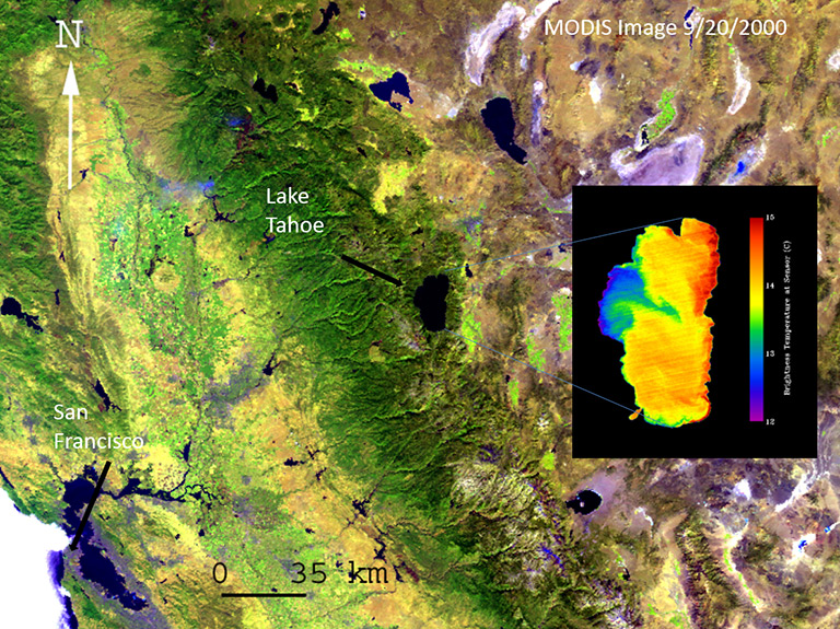 Several large lakes are seen in this image of the California/Nevada border region Lake Tahoe on the California/Nevada border Global changes in lake temperatures over the past 25 years. Several large lakes are seen in this image of the California/Nevada border region acquired by the MODIS instrument on NASA's Terra spacecraft. The inset image of Lake Tahoe, from the ASTER instrument on Terra, shows the lake's temperature variations (cold is blue, warm is red). Credit: NASA.