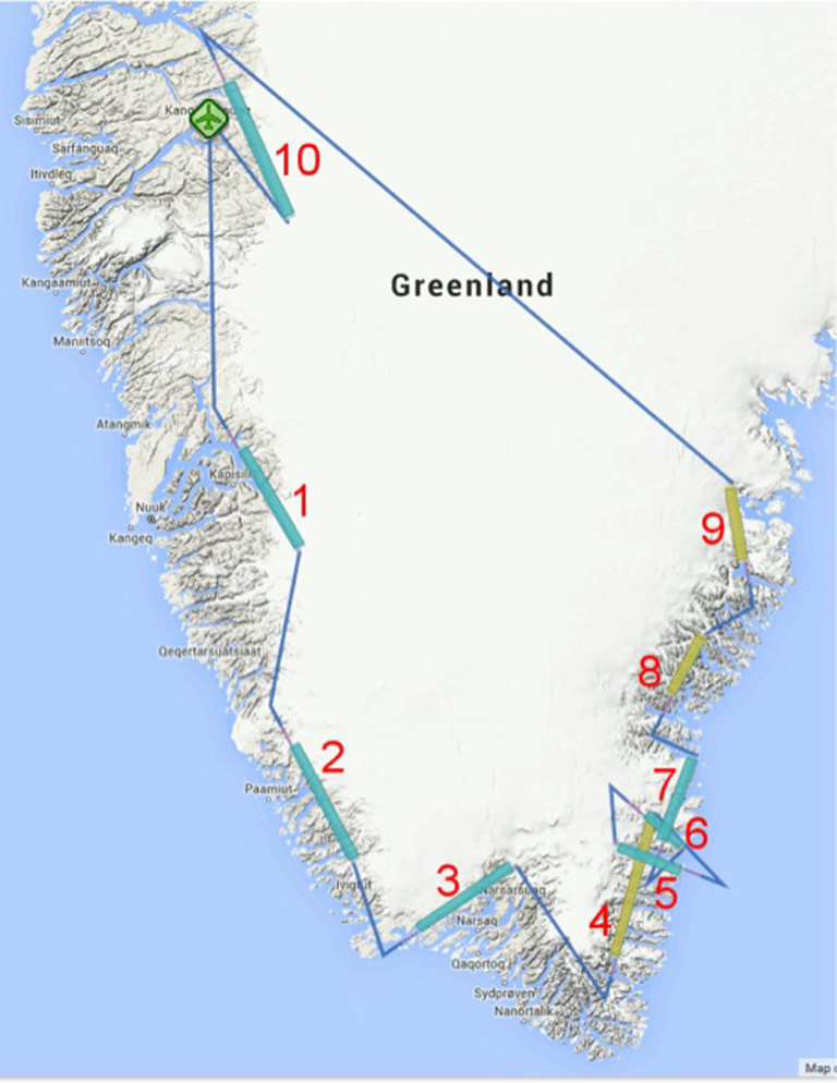 A day's flight plan is often complex due to Greenland’s jagged coastline, which is more than 27,000 miles long, longer than the distance around Earth at the equator. The blue lines indicate the plane’s potential flight path.