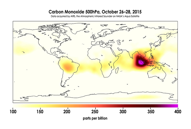 The global concentration of carbon monoxide at approximately 18,000 feet (5,500 meters) altitude.