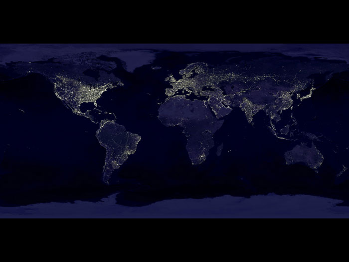NIGHT LIGHTS: Earth's city lights as seen from space. The brightest areas of the Earth are the most urbanized, but not necessarily the most populated. More than a century after the invention of the electric light, many parts of the planet remain thinly populated and unlit. Image created with data from the Defense Meteorological Satellite Program Operational Linescan System.