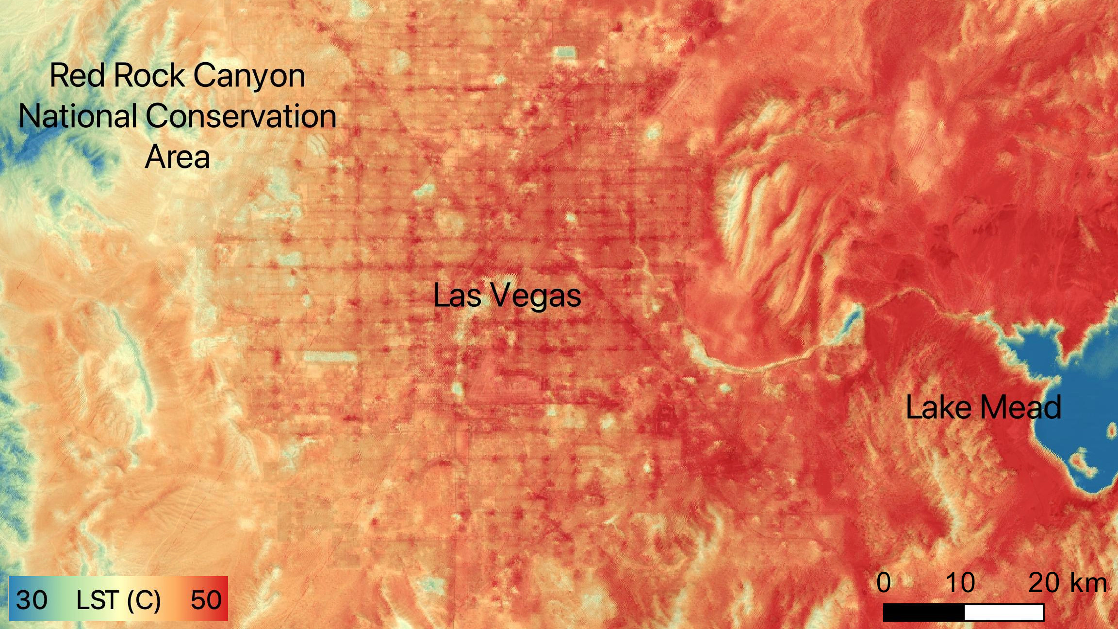 NASA’s ECOSTRESS instrument recorded ground temperatures around Las Vegas at 5:23 p.m. on June 10. In the city, the hottest surfaces were the dark-colored streets (red grid, center) at more than 122 degrees Fahrenheit (50 degrees Celsius). Other urban surfaces were as much as 23 F (13 C) cooler. Credit: NASA/JPL-Caltech
