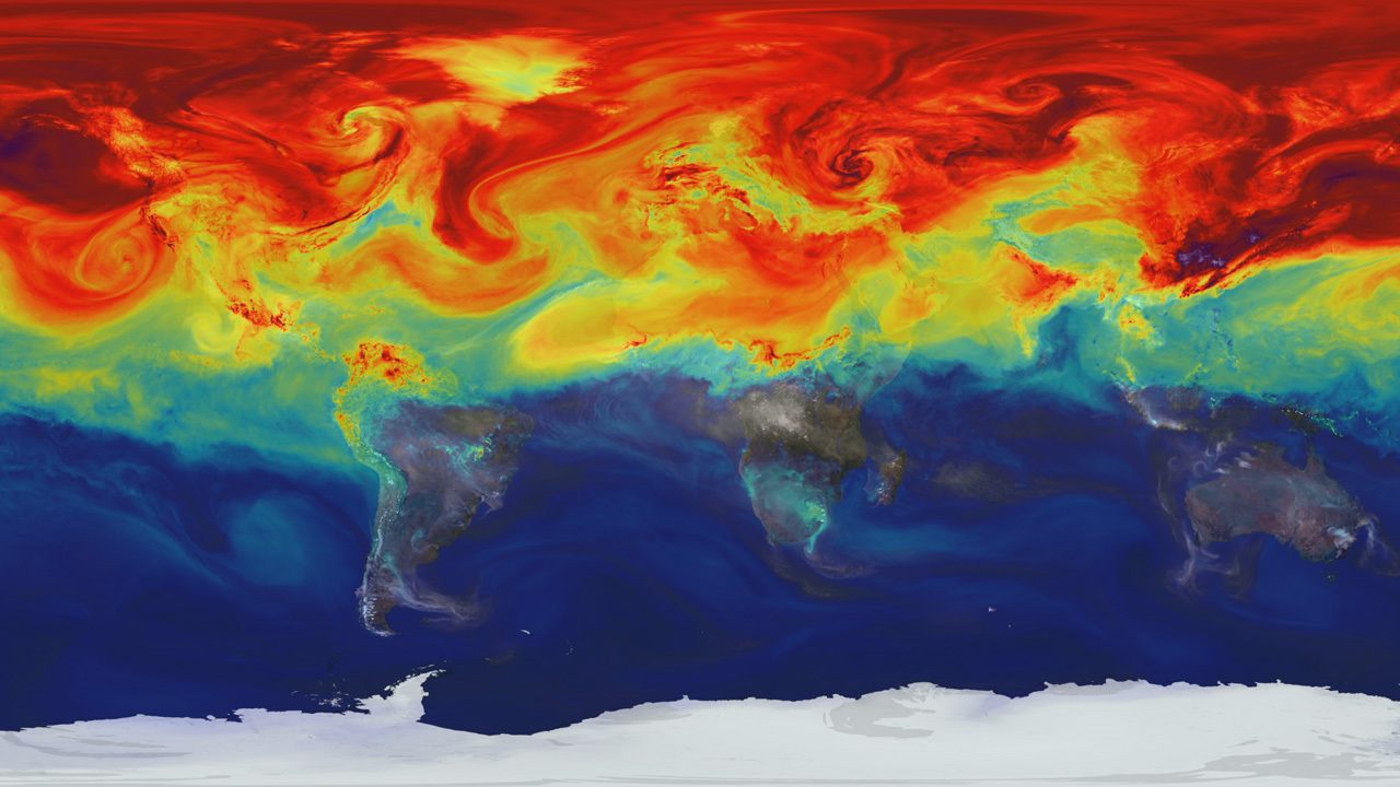 NASA supercomputer model shows how greenhouse gases like carbon dioxide (CO2) – a key driver of global warming – fluctuate in Earth’s atmosphere throughout the year. Higher concentrations are shown in red. Credit: NASA’s Scientific Visualization Studio/NASA’s Global Modeling and Assimilation Office
