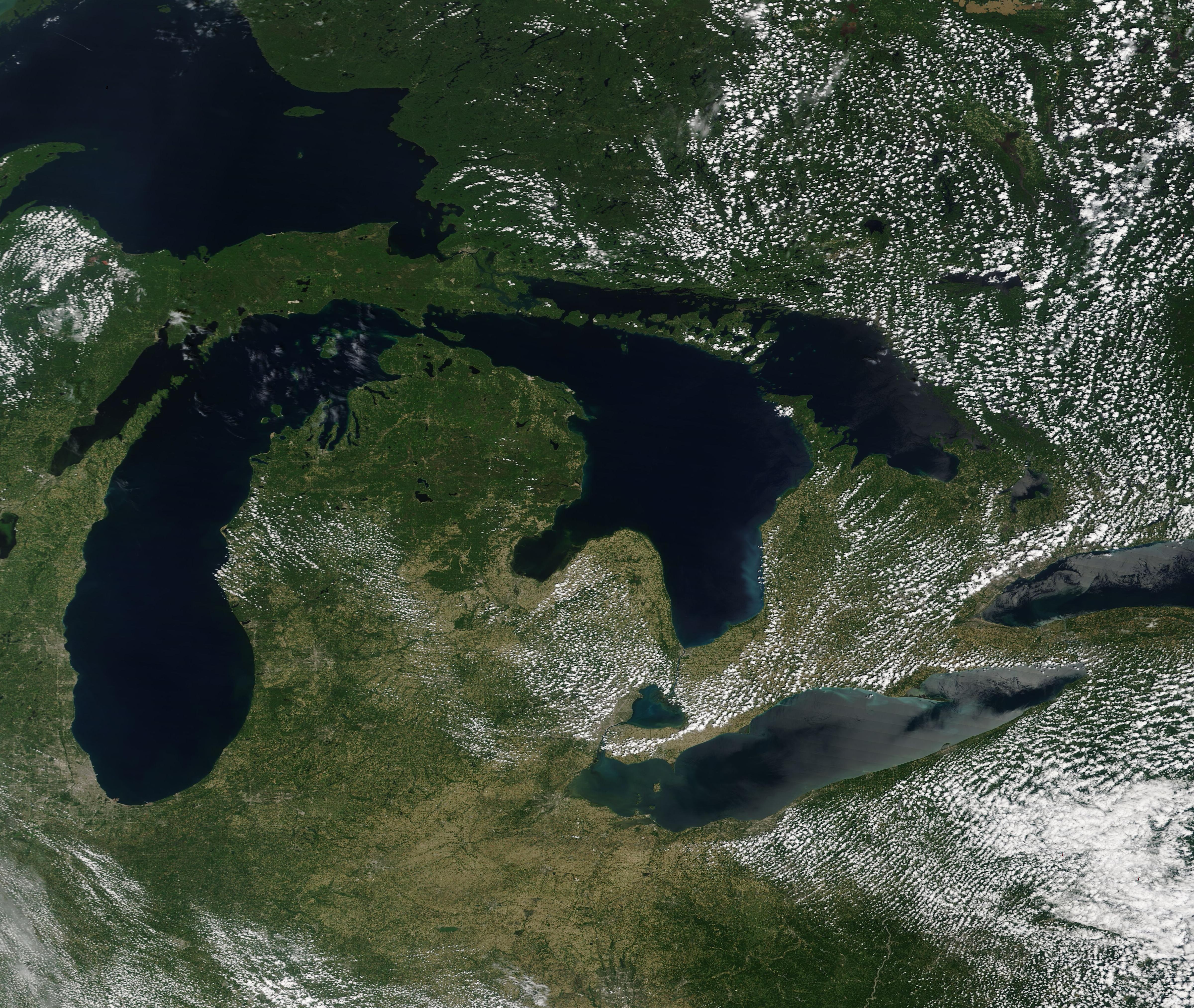 On July 1, 2020, the Moderate Resolution Imaging Spectroradiometer (MODIS) onboard NASA’s Terra satellite acquired this image of the Great Lakes. Credit: NASA/MODIS Land Rapid Response Team/NASA Goddard Space Flight Center 
