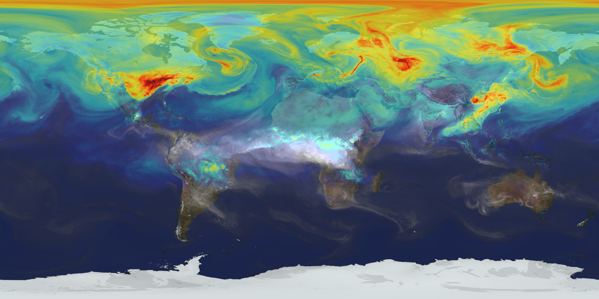 Scientists at NASA’s Goddard Space Flight Center used an ultra-high-resolution NASA computer model to visualize how carbon dioxide in the atmosphere travels around the globe. The image above shows concentrations on January 1, 2006. Credit: NASA Goddard Space Flight Center's Global Modeling and Assimilation Office