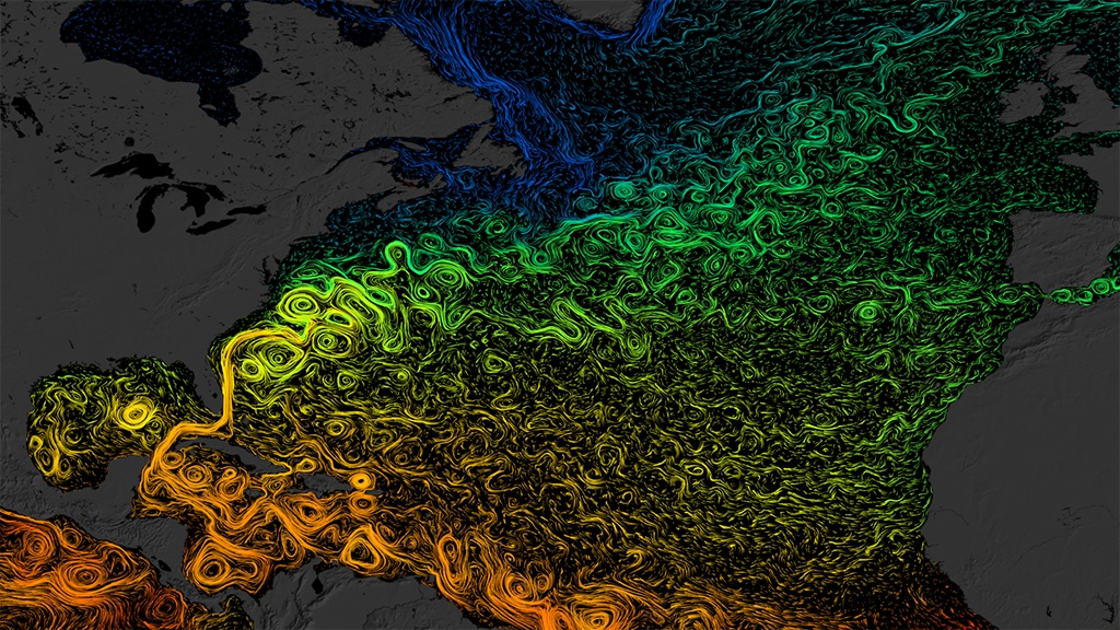 Visualization of ocean currents in the North Atlantic. The colors show sea surface temperature (orange and yellow are warmer, green and blue are colder). Credit: NASA Goddard Space Flight Center

