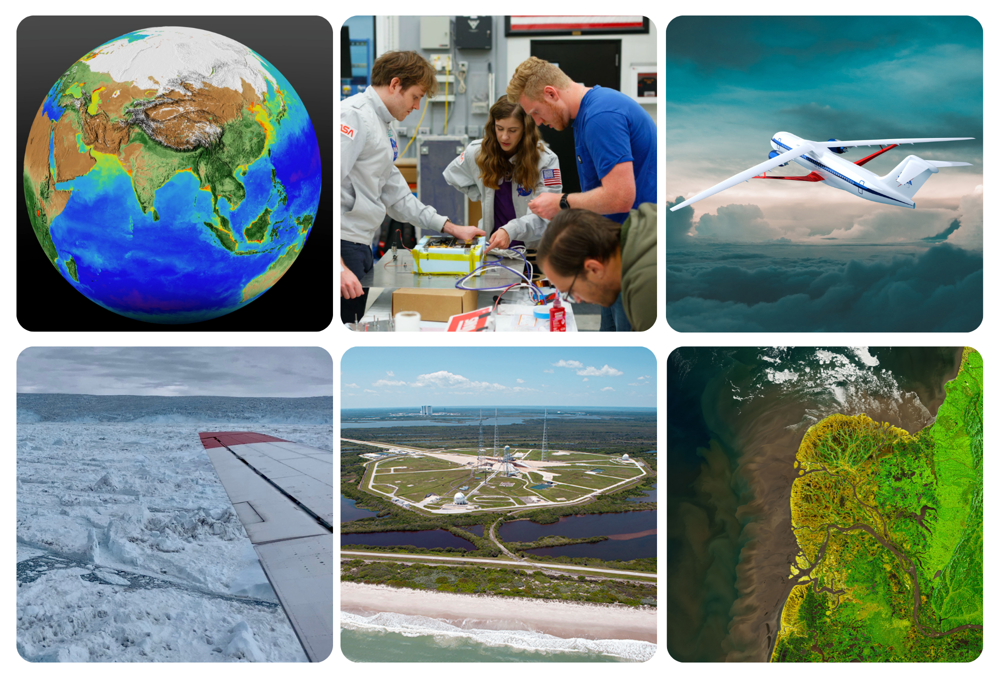 A collage of six images. From top left, an image of the world, students working on a payload, illustration of an aircraft in the sky, inside a plane of the wing and ice, launch pad area, and an aerial image from space of green water area.