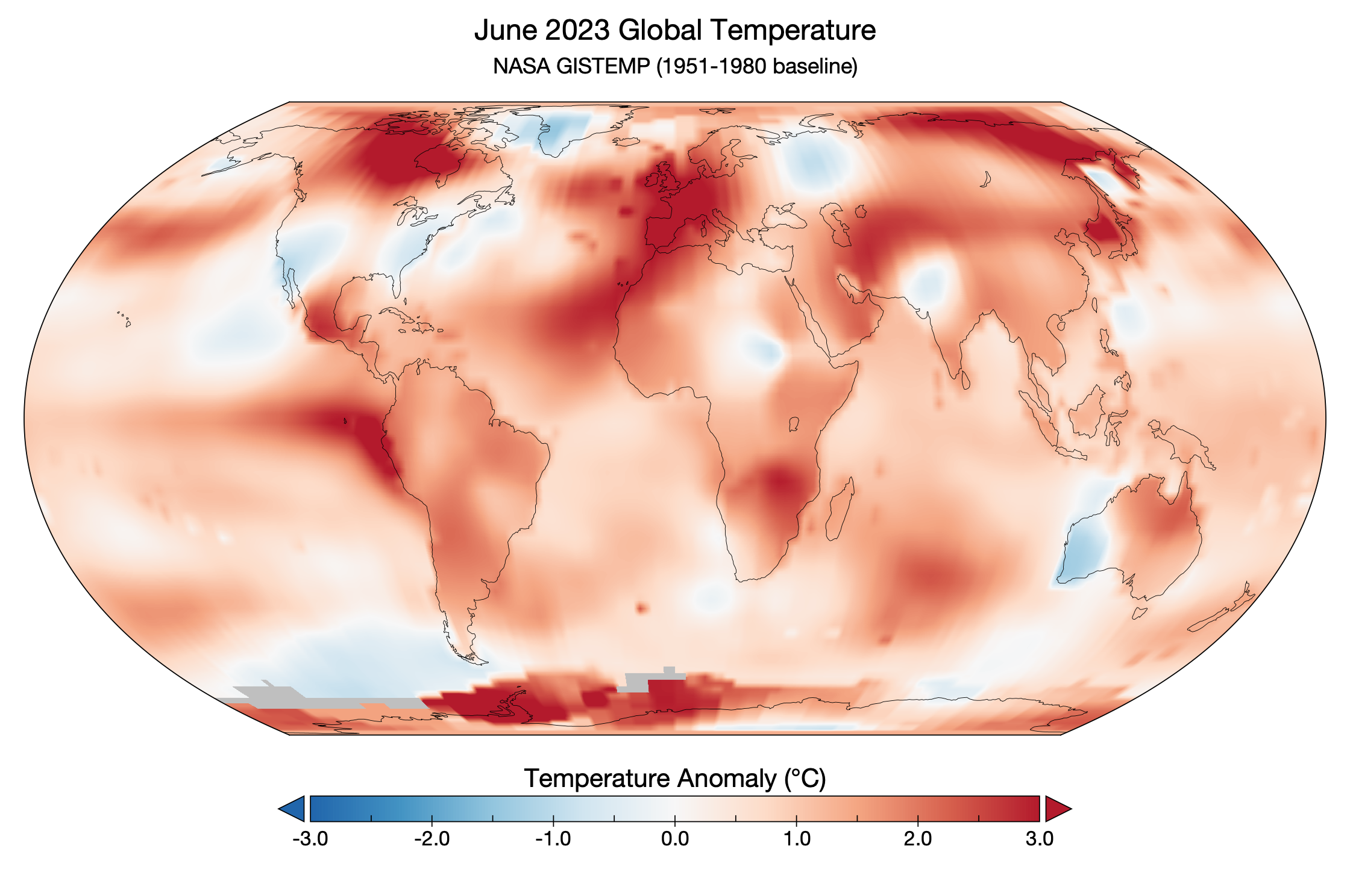 Global map of GISTEMP June surface temperature anomaly relative to the 1951-1980 June baseline. Most of the world is “red” due to warm anomalies, with the highest anomalies around Antarctica and Canada.