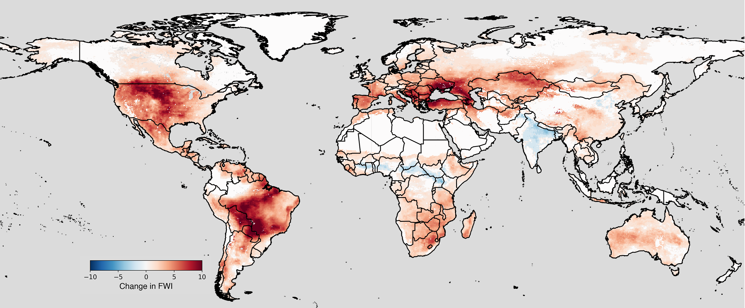 Map showing change in fire weather index around the world projected for the year 2045 with respect to the baseline period of 1950-1979. Red: greater extreme fire weather; blue: less.