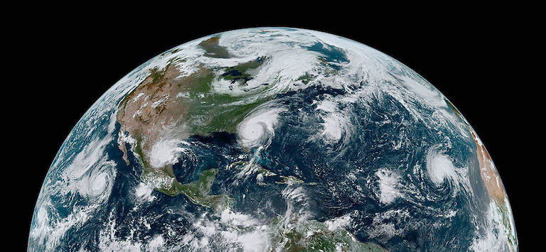Two hurricanes and two tropical storms in the Atlantic basin on September 4, 2019 as seen from the GOES-16 satellite. Credit: NASA/Joshua Stevens
