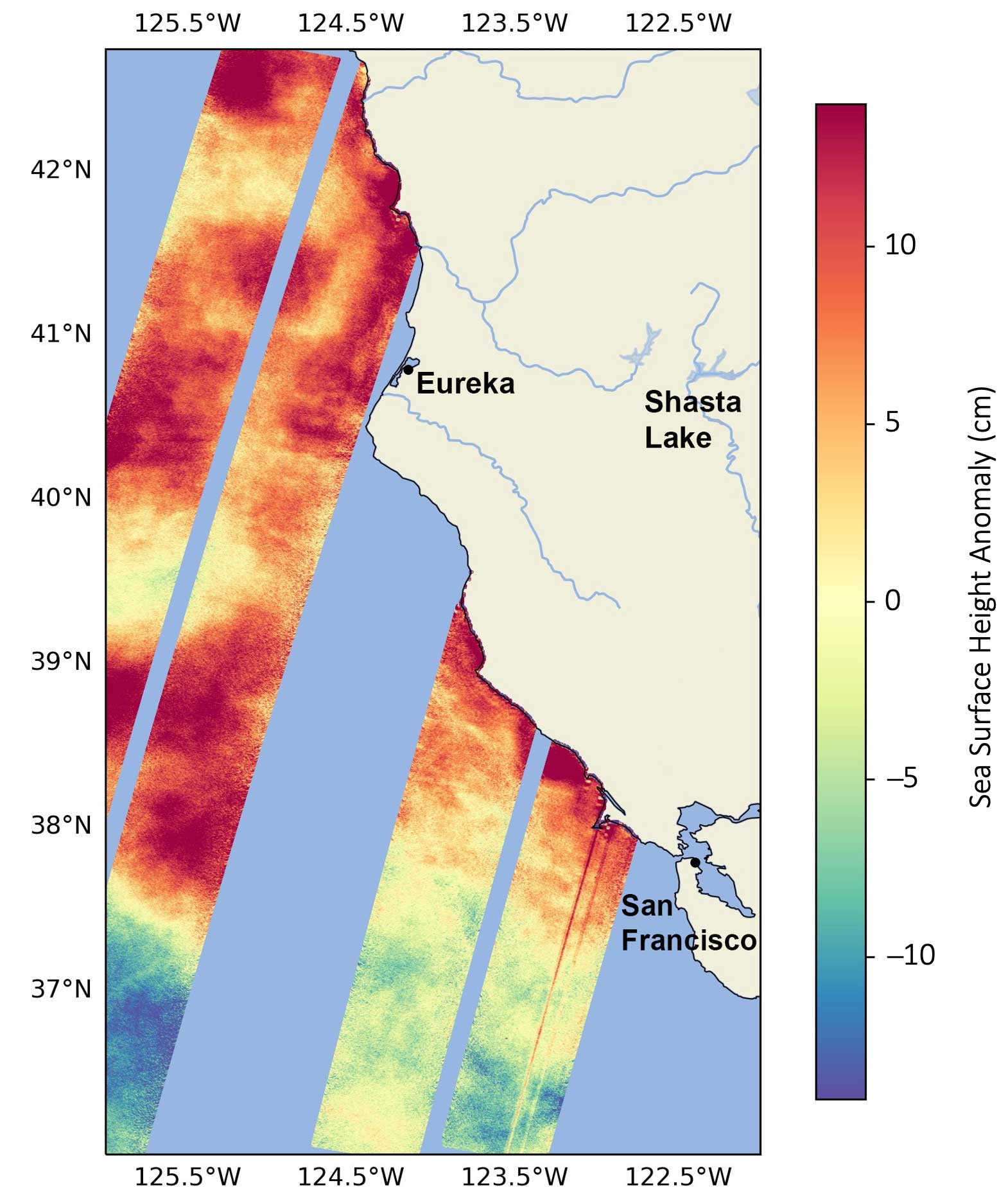 This data visualization shows sea surface heights off the northern California coast in August. Red indicates higher-than-average heights, due to a marine heat wave and a developing El Niño, while blue signals lower-than-average heights.
