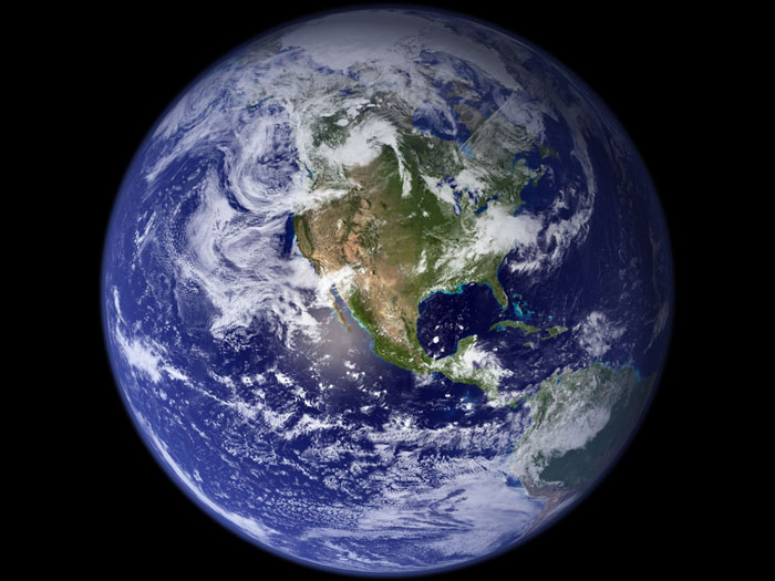 BLUE MARBLE: This spectacular 'blue marble' image is the most detailed true-color image of the entire Earth to date. Using a collection of satellite-based observations, scientists and visualizers stitched together months of observations of the land surface, oceans, sea ice, and clouds into a seamless, true-color mosaic of every square kilometer (0.4 square miles) of our planet. Much of the information contained in this image came from NASA’s Moderate Resolution Imaging Spectroradiometer (MODIS) onboard the Terra satellite. Visualization date: August 2, 2002.