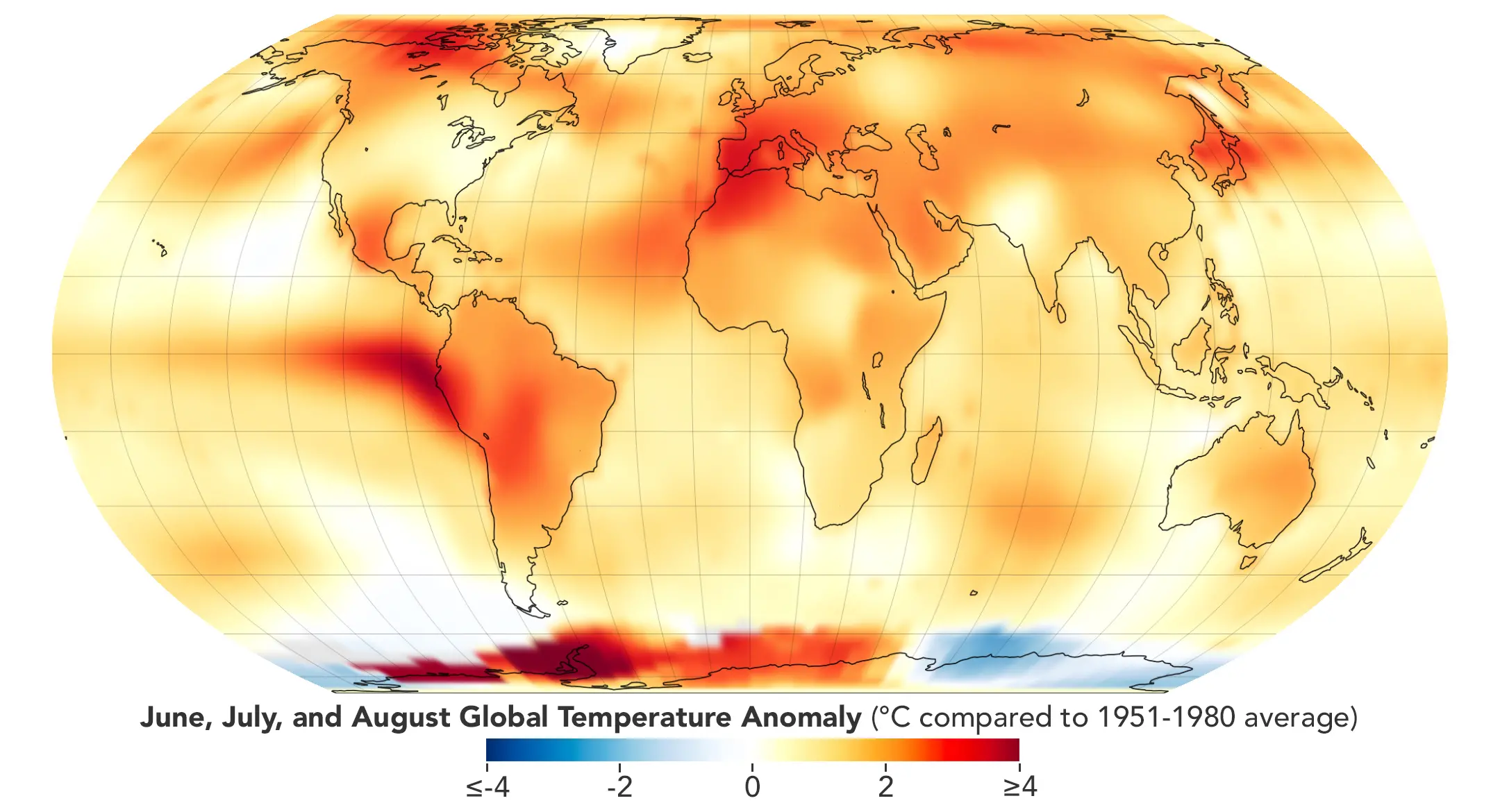 This map depicts global temperature anomalies for meteorological summer in 2023 (June, July, and August). It shows how much warmer or cooler different regions of Earth were compared to the baseline average from 1951 to 1980. Credit: NASA's Earth Observatory/Lauren Dauphin