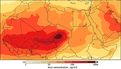 Estimated dust concentration averaged from October through December over the period 1985-2006 in micrograms of dust per cubic meter. Maximum values over the Bodélé Depression in Chad extend towards southern Niger. Credit: Carlos Pérez García-Pando
