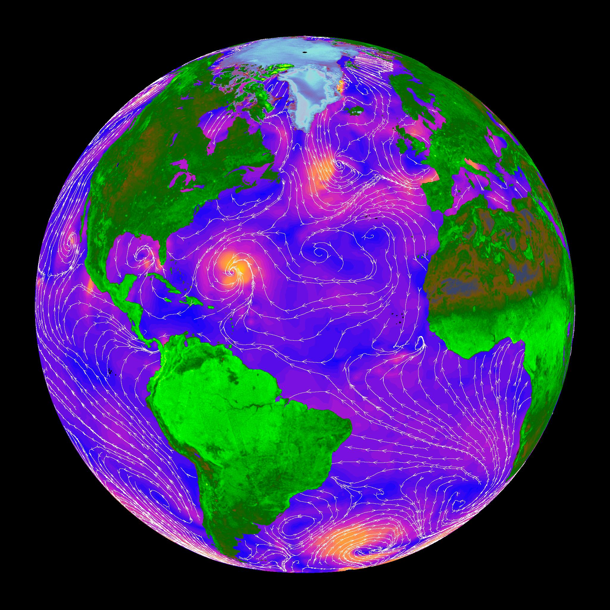 False-color image of sea wind speed as measured by NASA’s QuikScat satellite in 1999. Orange represents the fastest wind speeds and blue the slowest. White streamlines indicate the wind direction. Credit: NASA/Jet Propulsion Laboratory.