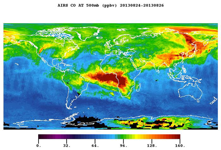The plume of carbon monoxide pollution from the Rim Fire burning in and near Yosemite National Park, Calif., is visible in this Aug. 26, 2013 image from the Atmospheric Infrared Sounder (AIRS) instrument on NASA's Aqua spacecraft. The image shows a three-day running average of daily measurements of carbon monoxide present at an altitude of 18,000 feet (5.5 kilometers), as well as its global transport. The abundance of carbon monoxide is shown in parts per billion, with the highest concentrations shown in yellows and reds. The carbon monoxide plume from the Rim fire now extends into Canada. Even more prominent in the image are the carbon monoxide emissions from widespread agricultural fires in Africa and South America, and fires in the northern forests of Asia. Image credit: NASA/JPL-Caltech