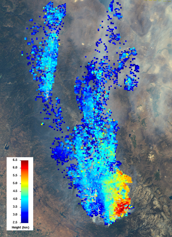 The Multi-angle Imaging SpectroRadiometer (MISR) instrument on NASA's Terra spacecraft views every scene it observes from nine different angles. This unique design allows it to measure the height of smoke plumes using stereoscopic techniques. This MISR image, acquired Aug. 23, 2013, shows a 121-by-165-mile (194-by-266 kilometer) portion of the scene, where the smoke is the thickest. The colors indicate the height of the smoke plume's top above sea level. The data show that the smoke particles have reached altitudes as high as 4 miles (6.5 kilometers). These heights have not been corrected for the effects of wind, but have an uncertainty of less than 0.6 mile (1 kilometer). Image credit: NASA/GSFC/LaRC/JPL, MISR Team