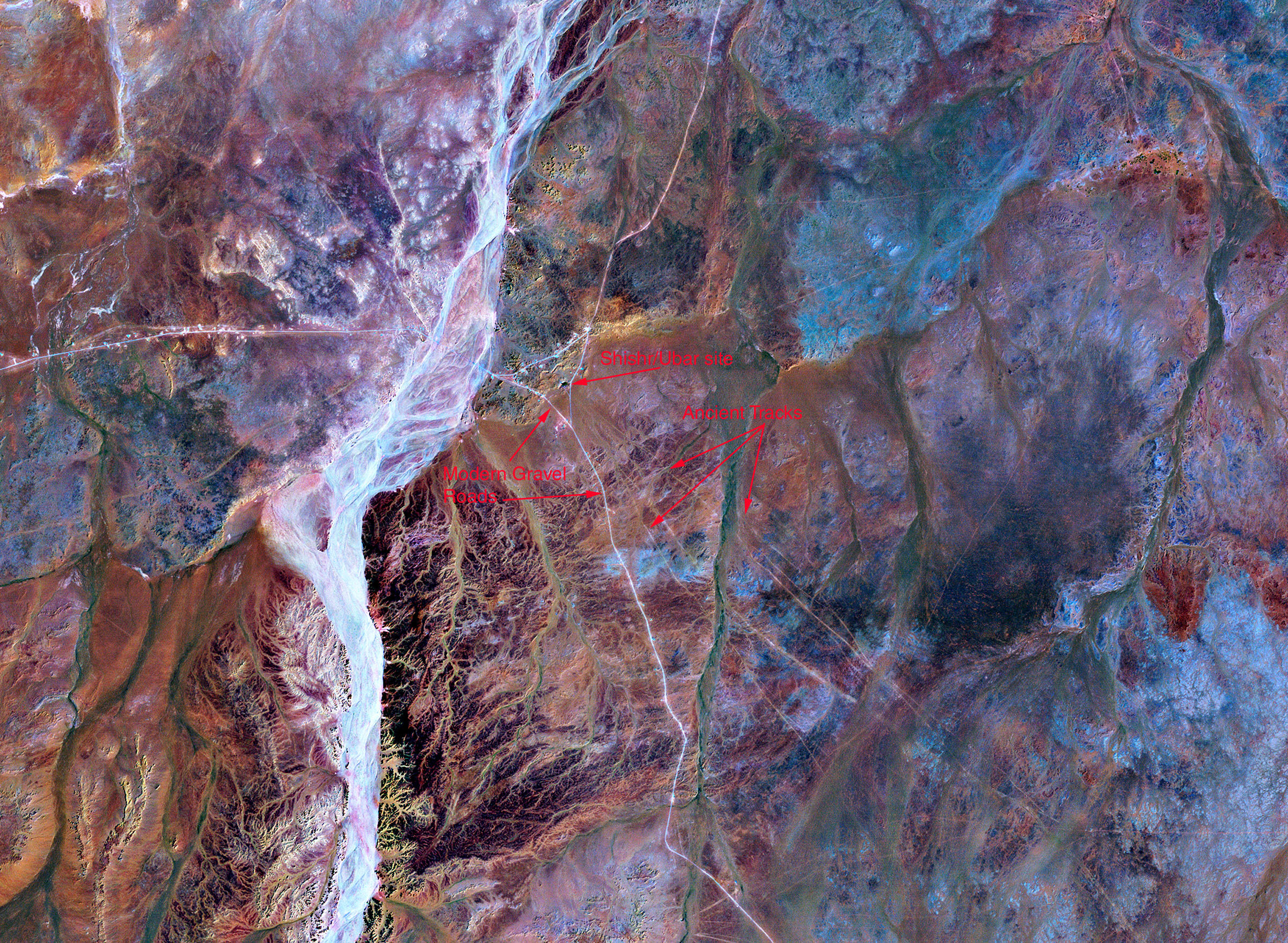 Modern roads and ancient tracks in Oman, as seen from space by the Landsat satellite. Credit: NASA/USGS.