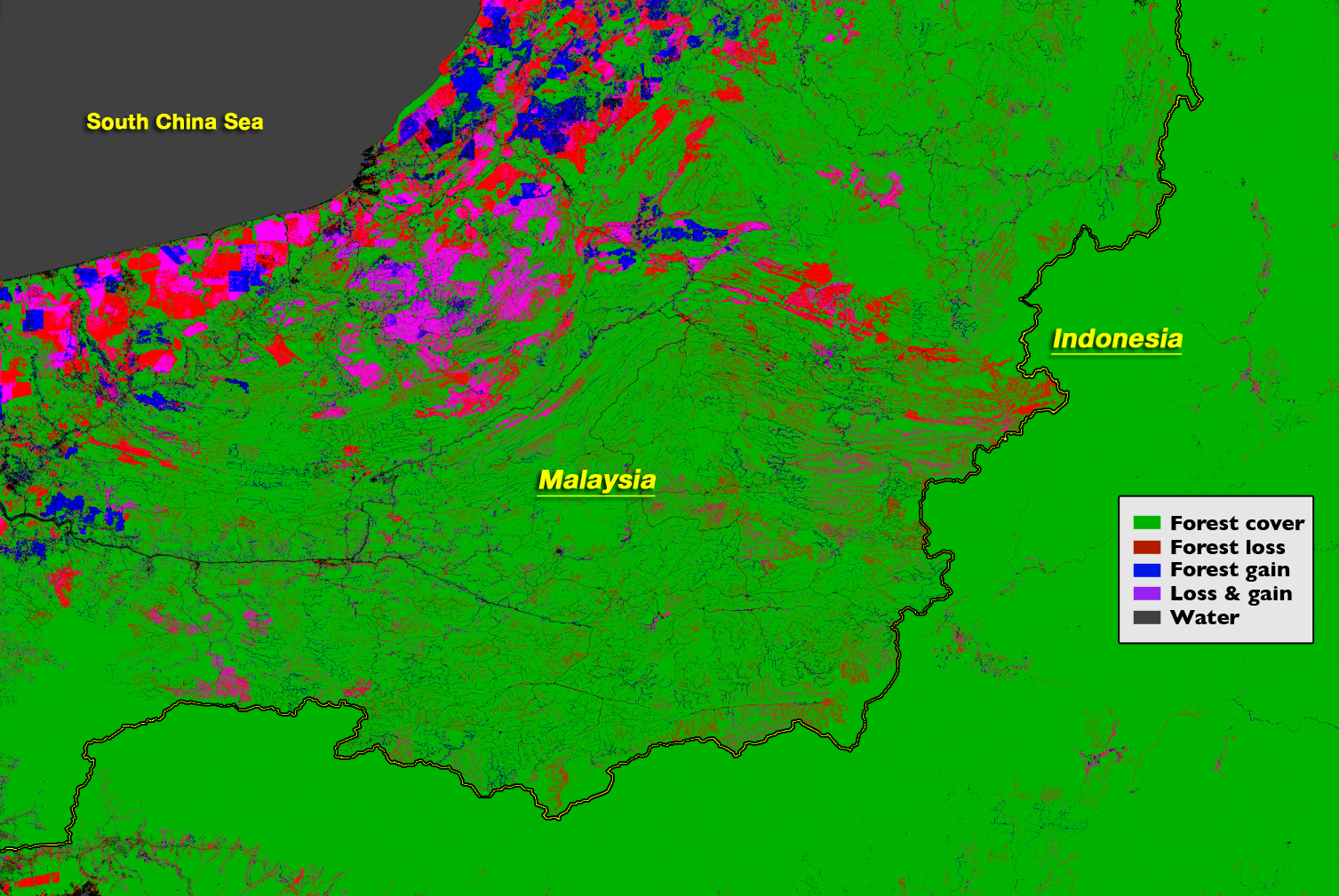 The border between Malaysia and Indonesia on the island of Borneo stands out in the Landsat-based map of forest disturbance. Red pixels represent forest loss between 2000 and 2012. Image Credit: NASA Goddard, based on data from Hansen et al., 2013.