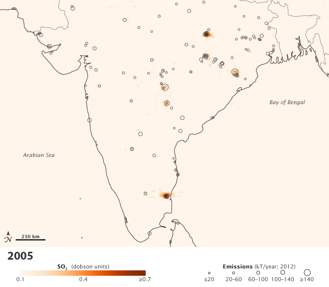 Map showing average sulfur dioxide levels measured by the Aura satellite over India in 2005. The black circles represent the locations of many of India's top sulfur dioxide emissions sources in 2012. Larger dots indicate greater emissions. Credit: NASA Earth Observatory.