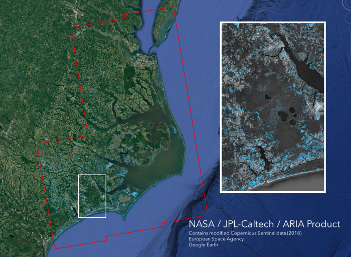 These images, derived from synthetic aperture radar (SAR) images from the Copernicus Sentinel-1 satellites, operated by the European Space Agency, were taken before Florence, on September 02, 2016, and 12 hours after the storm’s landfall at 7:06 PM local time on September 14, 2018.