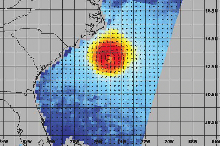 SMAP wind estimates over Hurricane Florence on Sept. 12, 2018 at 10:49 UTC and on Sept. 13, 2018 at 11:25 UTC.