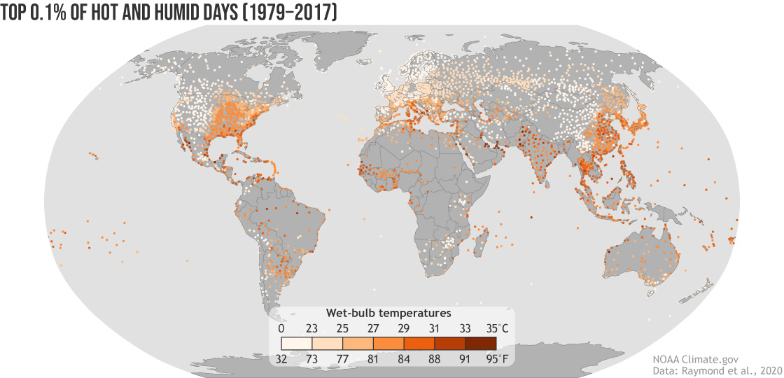 Map of top 0.1% of hot and humid days between 1979 and 2017