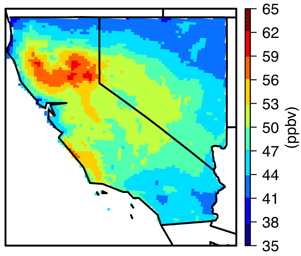 Monthly-mean maximum daily 8-hour average background ozone concentration in parts per billion in California and Nevada