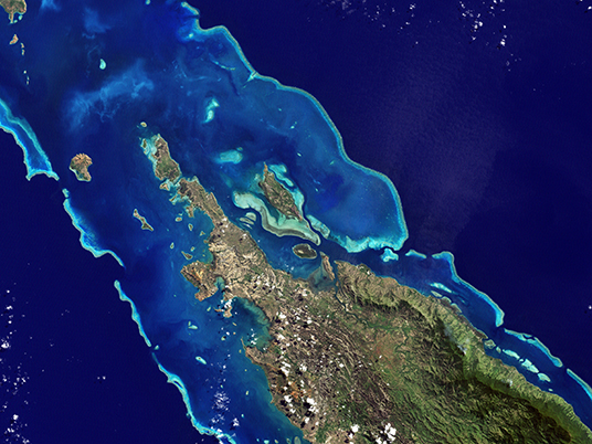 Île Balabio, off the northern tip of Grande Terra, New Caledonia, is an archipelago that contains the world’s third-largest coral reef structure. This image was captured by the Enhanced Thematic Mapper Plus on NASA’s Landsat 7 satellite on May 10, 2001.