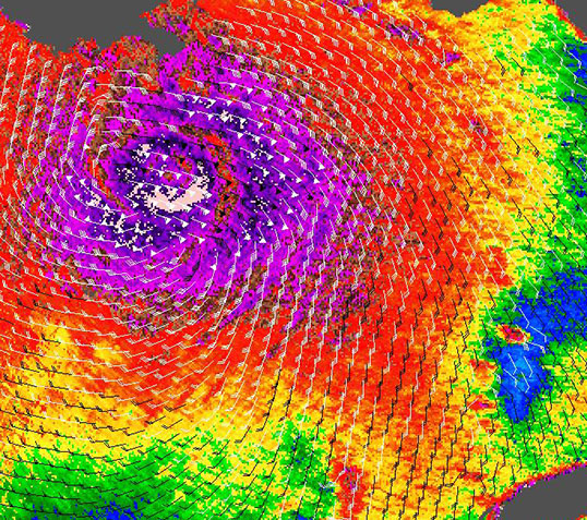 A 2005 image of Hurricane Katrina in the Gulf of Mexico from NASA's QuikScat scatterometer shows the kind of ocean-wind data that ISS-RapidScat will provide. In this image, the highest wind speeds are shown in purple and barbs indicate wind direction. Credit: NASA/JPL-Caltech
Full image and caption