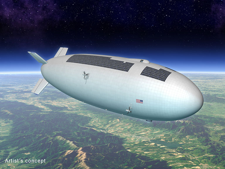 Artist's concept for a high-altitude, long-duration airship that could be used as a research platform or for commercial purposes. Credit: M. Hughes/Eagre Interactive/Keck Institute for Space Studies