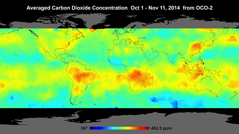 Global atmospheric carbon dioxide concentrations from Oct. 1 through Nov. 11, as recorded by NASA's Orbiting Carbon Observatory-2. Carbon dioxide concentrations are highest above northern Australia, southern Africa and eastern Brazil. Credit: NASA/JPL-Caltech. Full image and caption.
