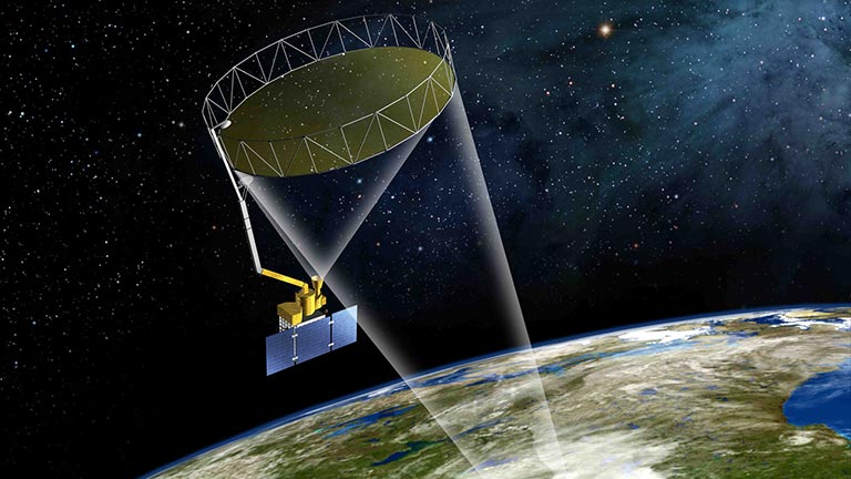 Artist's rendering of the SMAP instrument. Credit: NASA. View larger image.