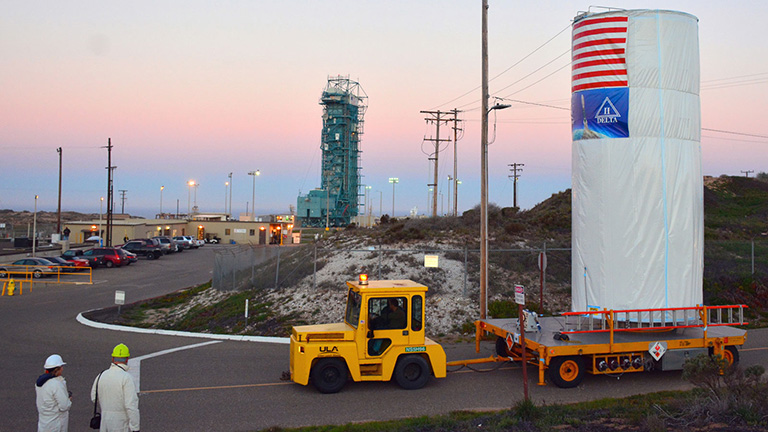Last week, NASA's Soil Moisture Active Passive satellite was transported across Vandenberg Air Force Base in California to Space Launch Complex 2, where it will be mated to a Delta II rocket for launch. Credit: NASA/Randy Beaudoin. View full image and caption.