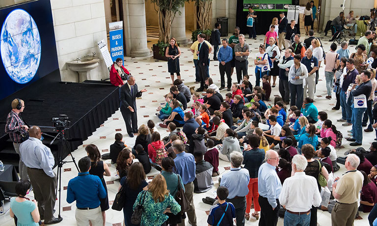 NASA Administrator Charles Bolden speaks to students at the 2014 Earth Day events at Union Station in Washington. Credit: NASA/Aubrey Gemignani. View larger image.