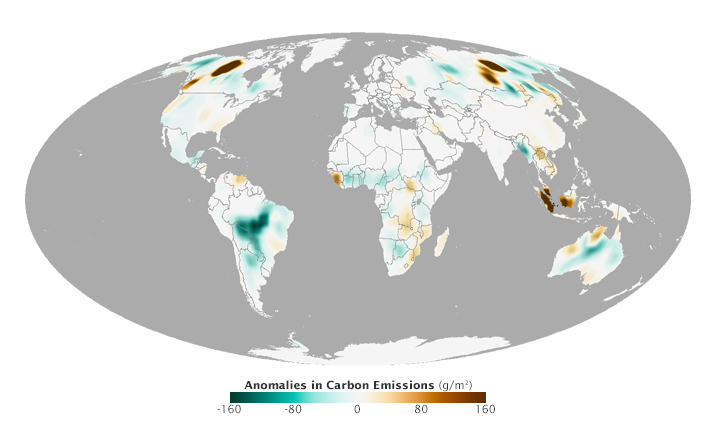 NASA Earth Observatory map by Joshua Stevens and Jesse Allen, using data from the Global Fire Assimilation System (GFAS) and the State of the Climate in 2014 report. View larger image.