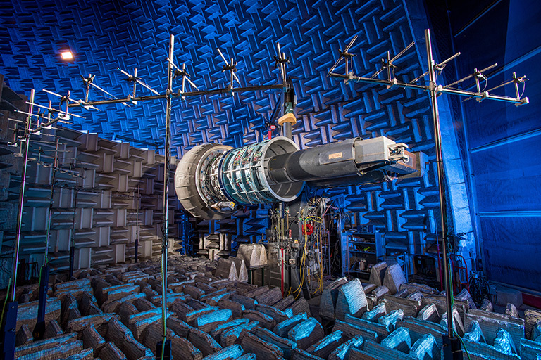 A jet engine in the AeroAcoustic Propulsion Laboratory at NASA's Glenn Research Center. Credit: NASA's Glenn Research Center