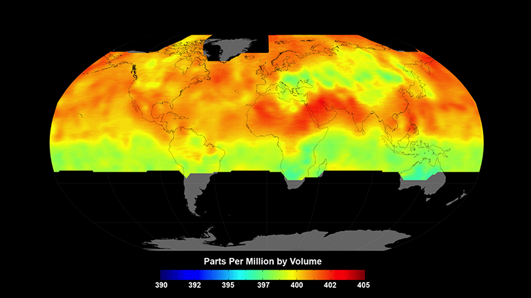 Global average carbon dioxide concentrations as seen by NASA’s Orbiting Carbon Observatory-2 mission, June 1-15, 2015. OCO-2 measures carbon dioxide from the top of Earth's atmosphere to its surface. Higher carbon dioxide concentrations are in red, with lower concentrations in yellows and greens. Credit: NASA/JPL-Caltech
