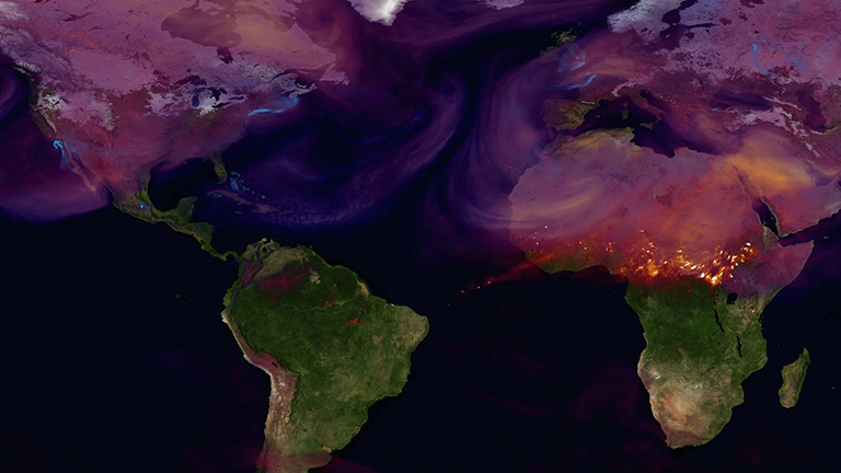 Carbon dioxide from wildfires and urban sources blankets the Northern Hemisphere. Credit: NASA/GSFC/GMAO.