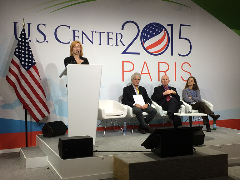NASA oceanographer Michelle Gierach at the U.N. Conference of the Parties 21 (COP21) U.S. Center in Paris. Credit: NASA.