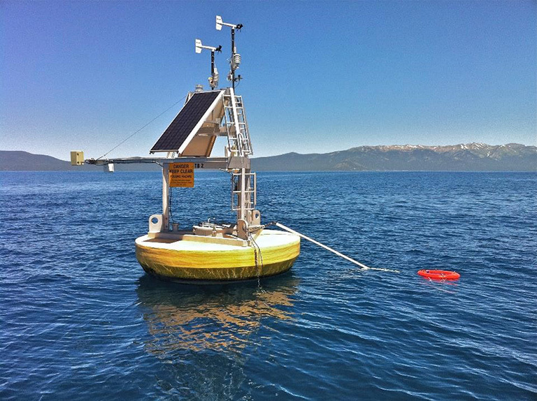 A combination of satellite data and ground measurements, such as from instrumented buoys like this one in Lake Tahoe on the California/Nevada border, were used to provide a comprehensive view of changing lake temperatures worldwide. The buoy measures the water temperature from above and below. Credit: Limnotech.
