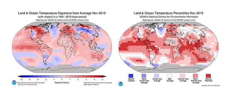 Left: November 2015 blended land and sea surface temperature anomalies in degrees Celsius. Right: November 2015 blended land and sea surface temperature percentiles. Credit: NOAA. View larger image.