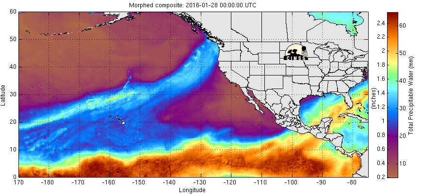 Animation of an atmospheric river storm that occurred on Jan. 28 through 30, bringing half an inch to an inch of rain to many locations in central and southern California. Credit: University of Wisconsin/CIMSS.