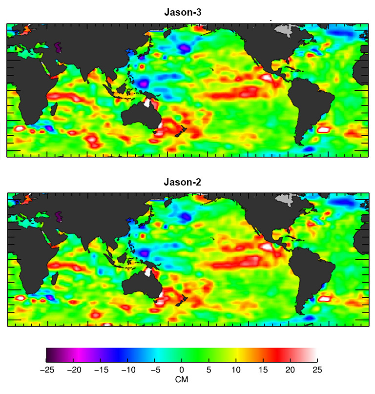 The U.S./European Jason-3 satellite has produced its first map of sea surface height, which corresponds well to data from its predecessor, Jason-2. Higher-than-normal sea levels are red; lower-than-normal sea levels are blue. El Niño is visible as the red blob in the eastern equatorial Pacific. Credit: Ocean Surface Topography Science Team.